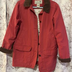 L.L. Bean Women's Red Utility Jacket with Brown Courdoroy Trim - Flannel Lining